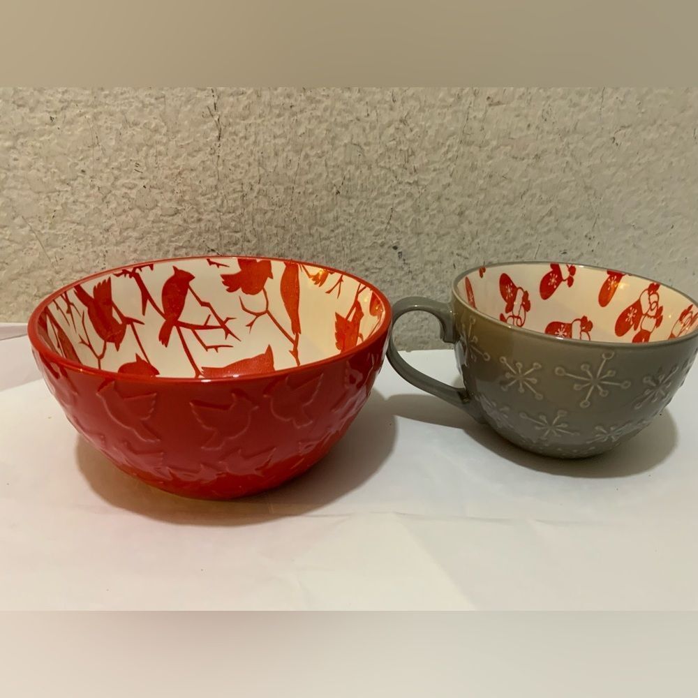 New bundle of Pfaltzgraff bowl and cup red gray birds embossed